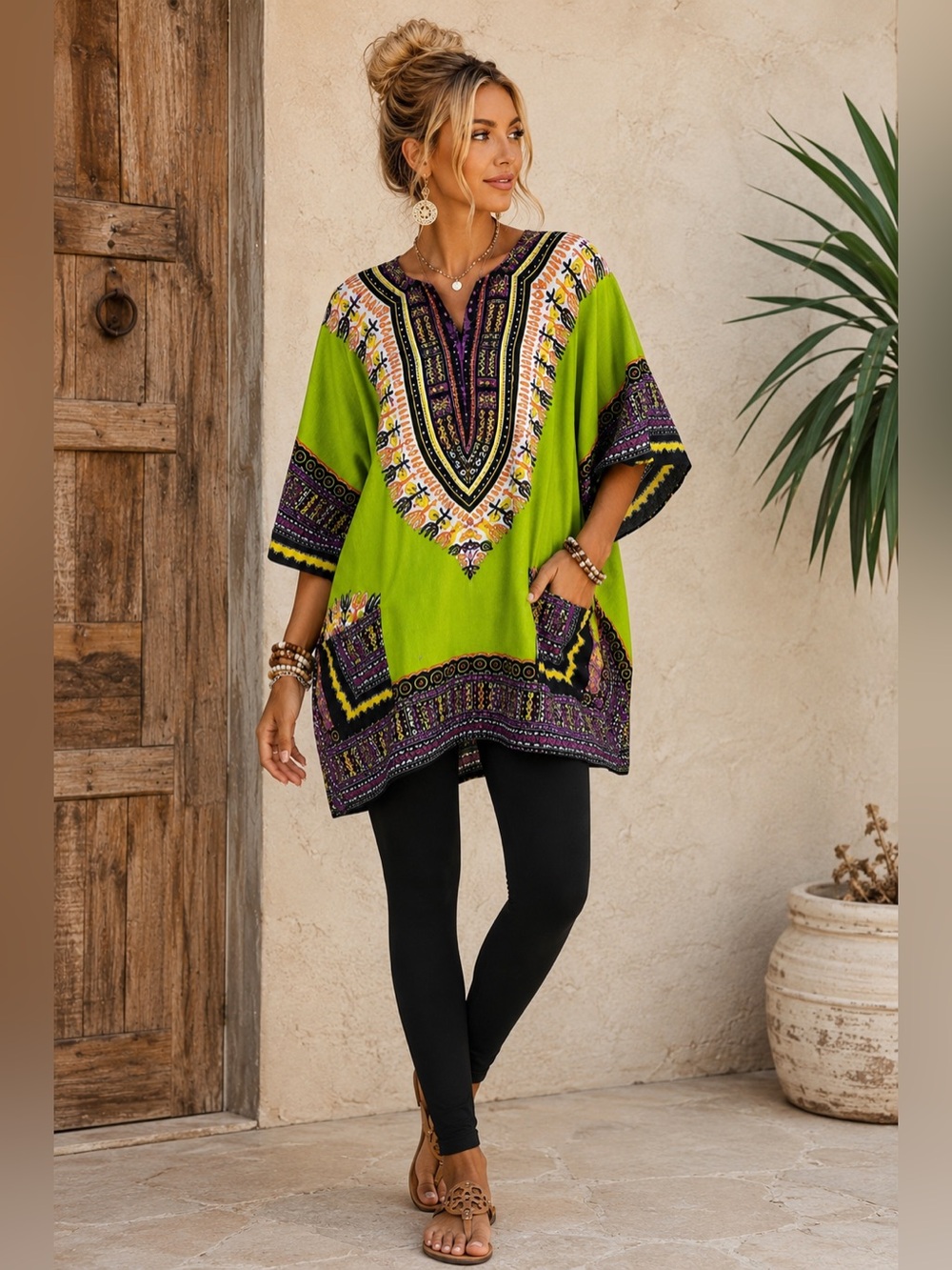Advance Apparels Dashiki Tunic Top Green Purple Boho Festival Cover Up OS